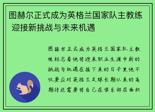 图赫尔正式成为英格兰国家队主教练 迎接新挑战与未来机遇