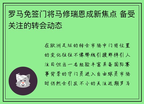 罗马免签门将马修瑞恩成新焦点 备受关注的转会动态